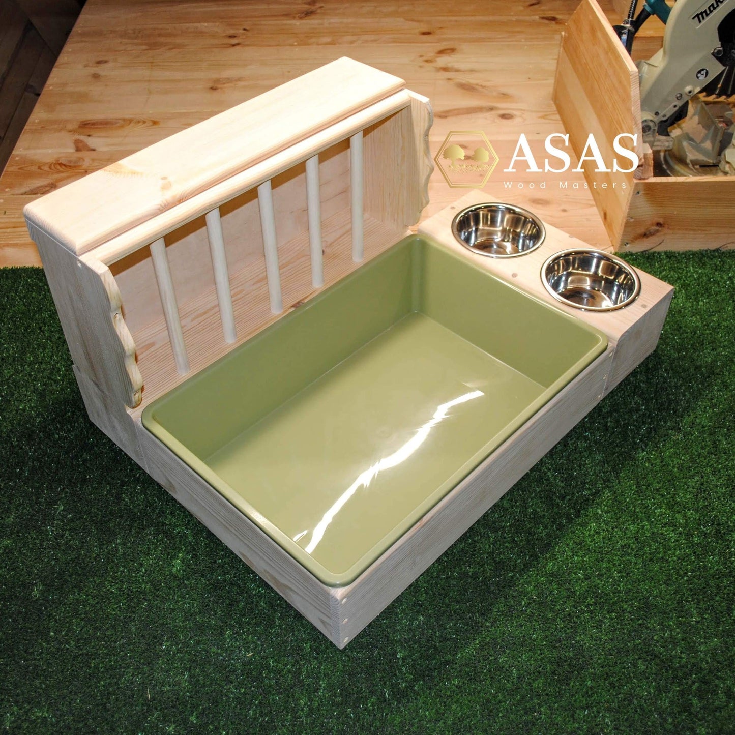 large hay feeder for bunny rabbit with litter box and food / drink bowls station combo