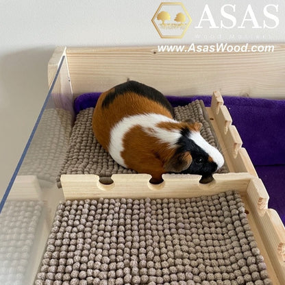 guinea pig sleeping on the top of wooden castle