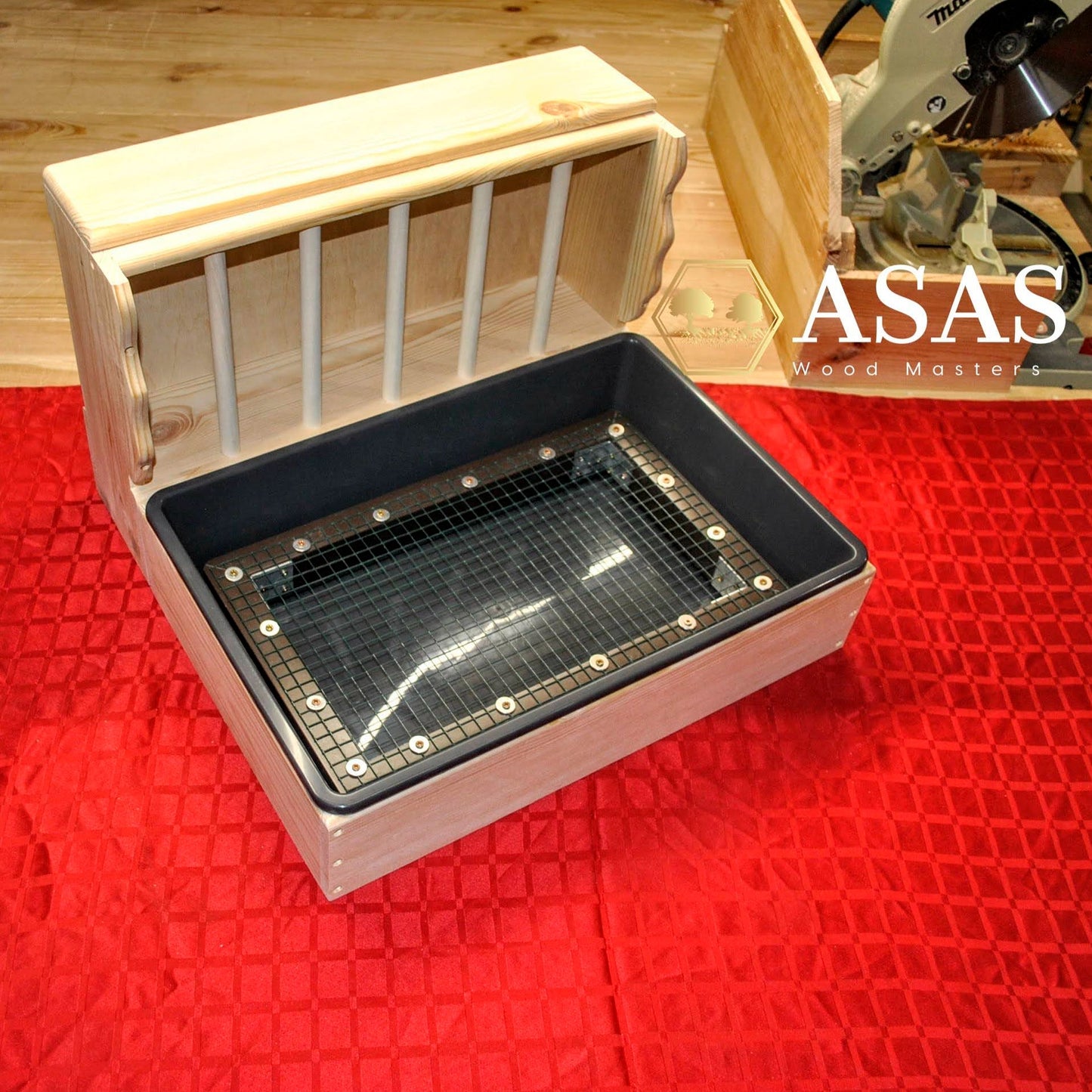 rabbit hay feeder with litter box and wire mesh insert, made by asaswood