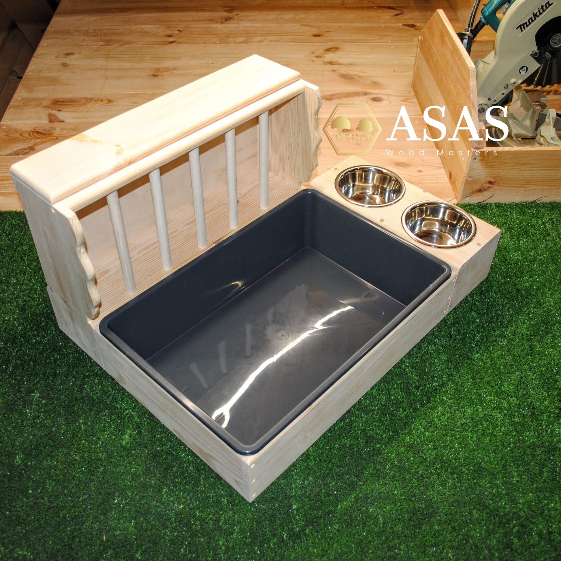 wooden litter box for rabbit with hay feeder and food bowls station