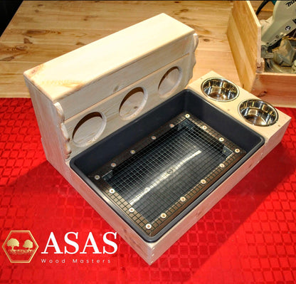 rabbit hay feeder with holes, litter box, food and water bottle station, made by asaswood