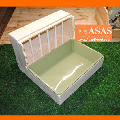 rabbit hay feeder with litter box and dish station, wire mesh insert in the litter box, made by asaswood