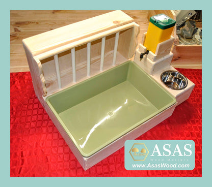 rabbit hay feeder with litter box and nipple bottle station,  made by asaswood
