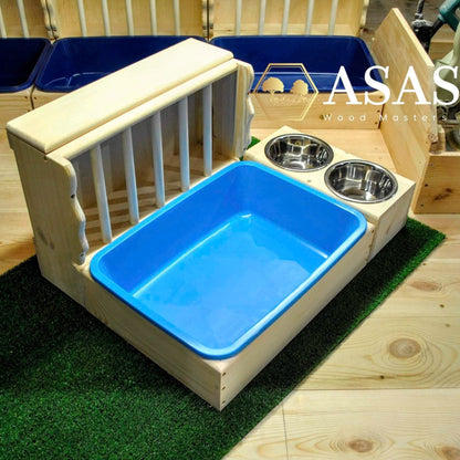 Rabbit hay feeder with litter box blue litter tray  and food bowls, unique, handmade