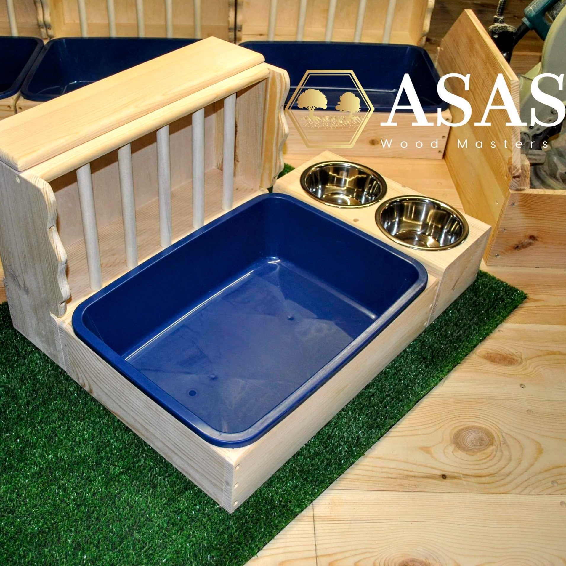rabbit litter box with hay feeder and food bowls dark blue litter pan
