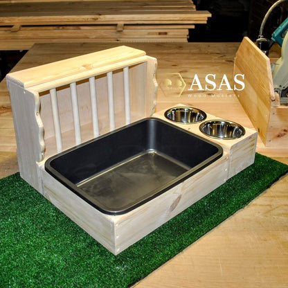 rabbit litter box with hay feeder and food bowls