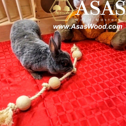  Rabbit Toss Toy with hand turned balls and sisal rope and happy bunny playing 