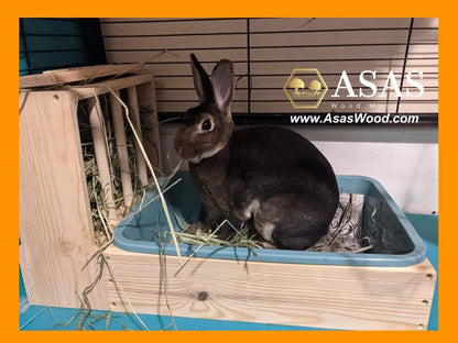 rabbit hay feeder with litter box, cute bunny sitting in his litter box, made by asaswood