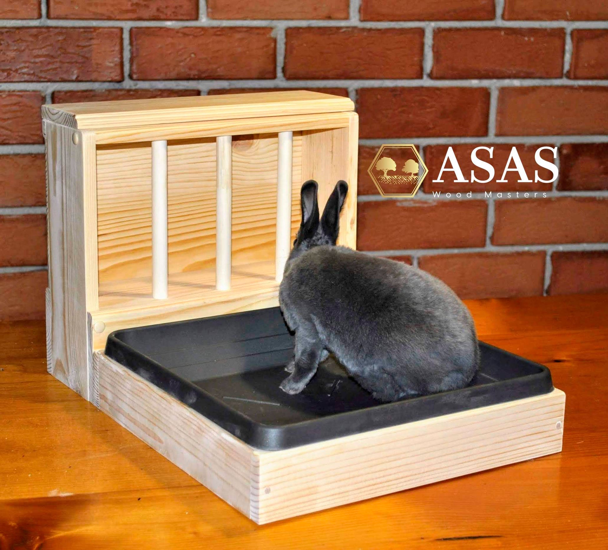 cute bunny sitting in his rabbit hay feeder with litter box, made by asaswood