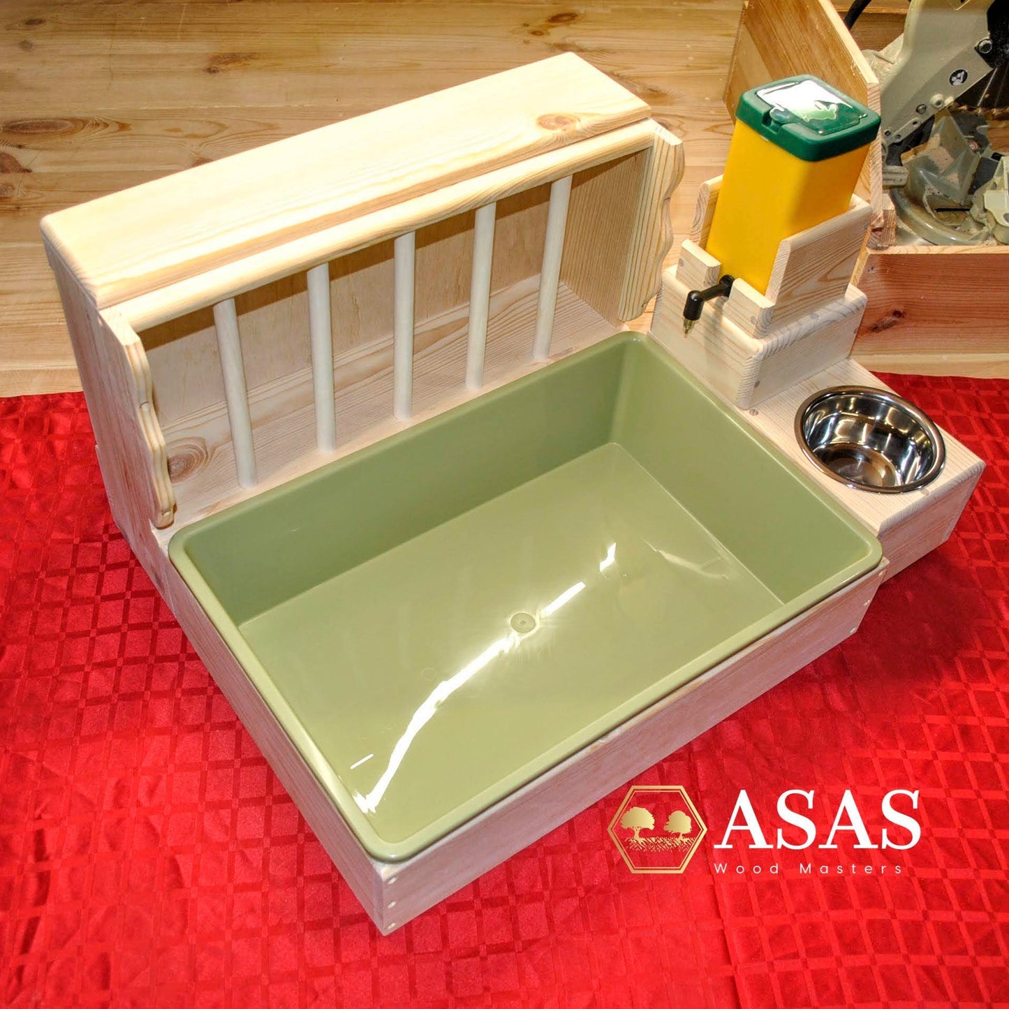 rabbit hay feeder with litter box and dish station, wire mesh insert in the litter box, made by asaswood, nipple no drip water bottle for rabbits