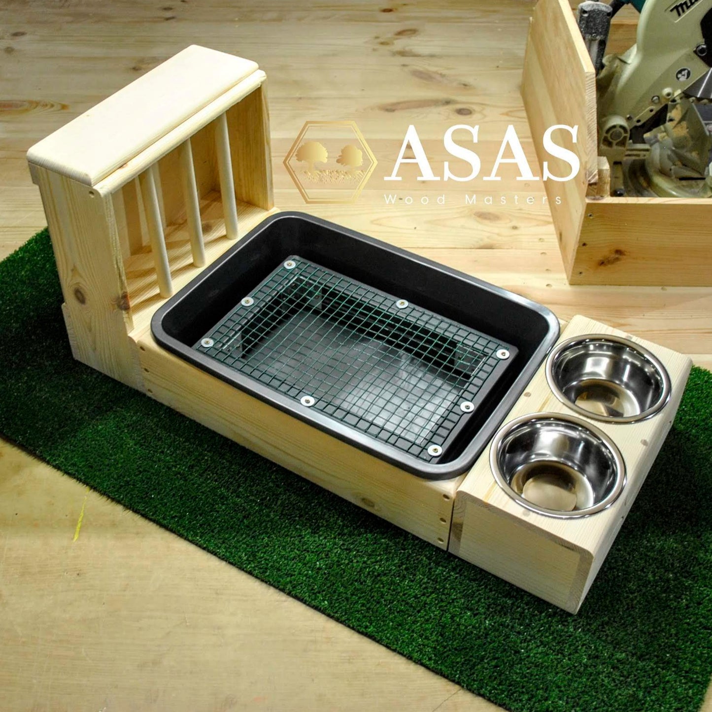 rabbit litter box, bunny hay feeder and metal food and drink bowl station combo
