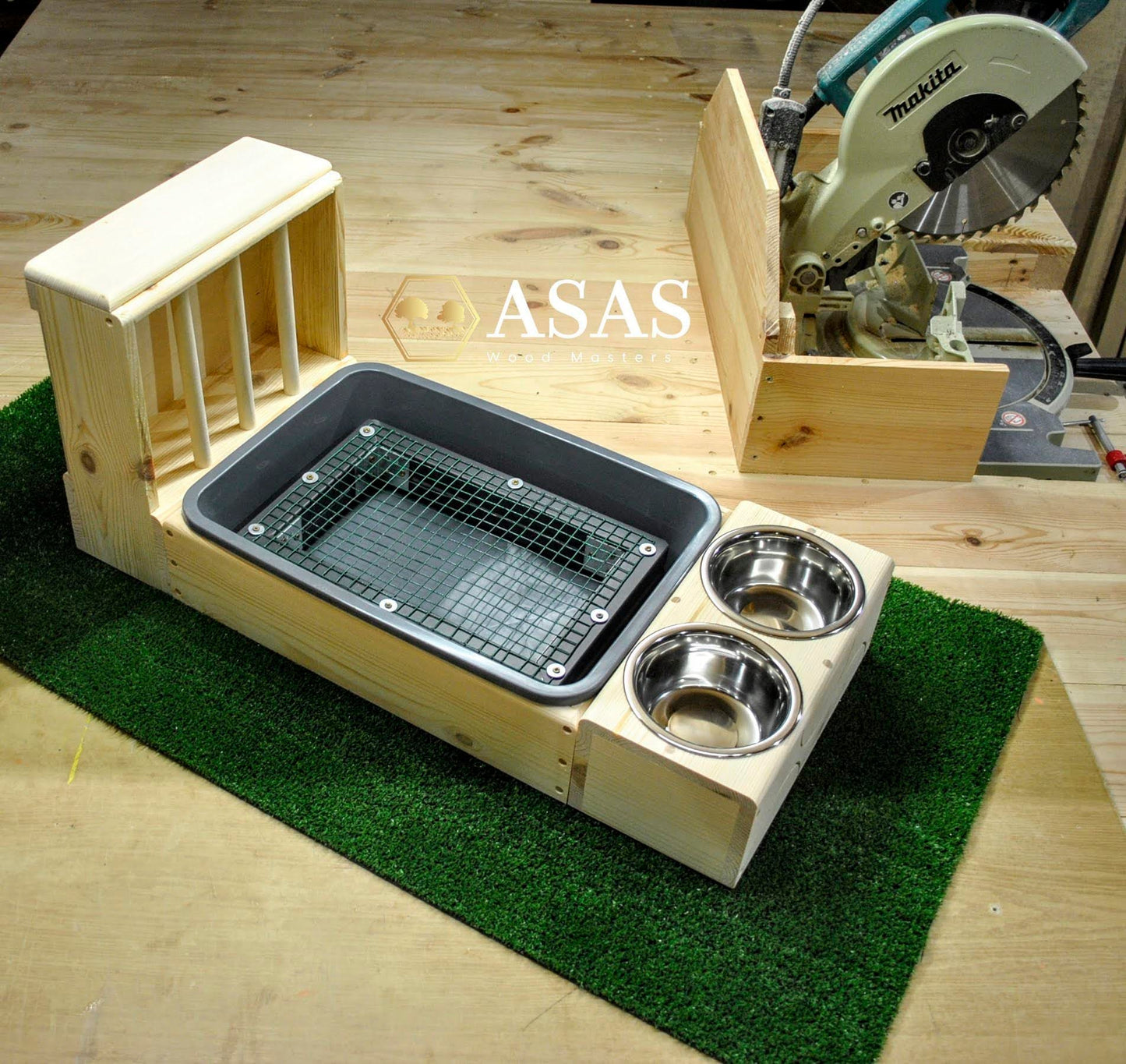 rabbit litter box, bunny hay feeder and metal food and drink bowl station combo, made by asaswood