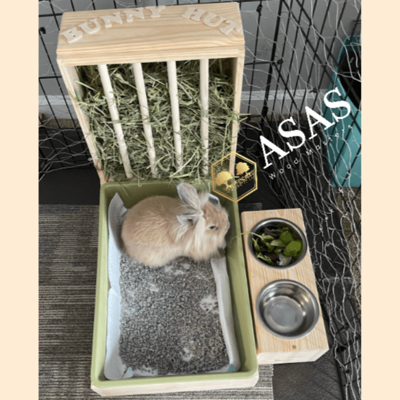 Rabbit hay feeder with litter box xl size with  food and drink bowls and cute bunny rabbit. Personalization on top of hay feeder