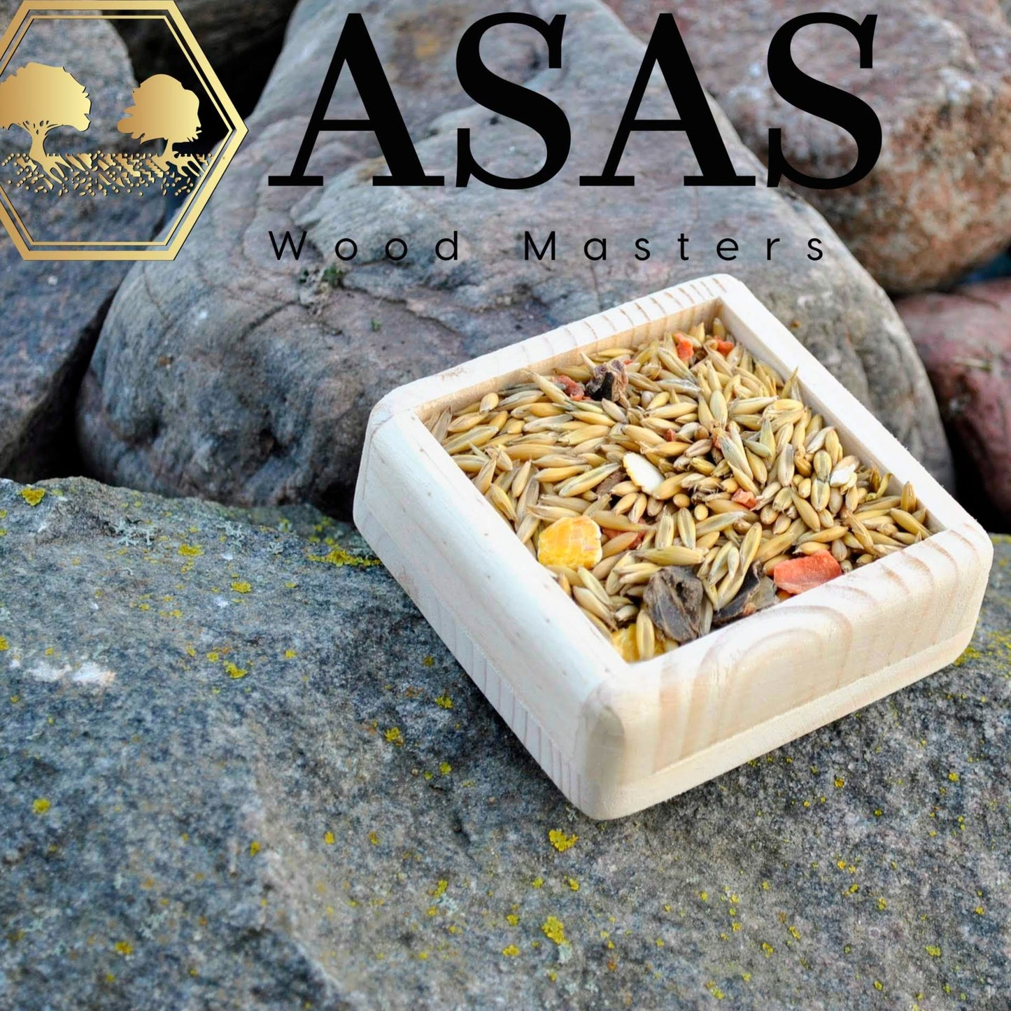 wooden small food bowl square on the rocks